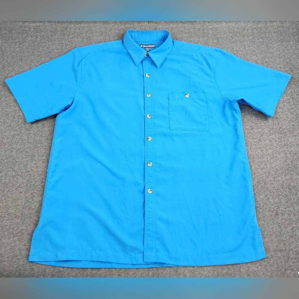 West Marine Shirt Mens XL Blue Short Sleeve Button Up Solid Chest Pocket